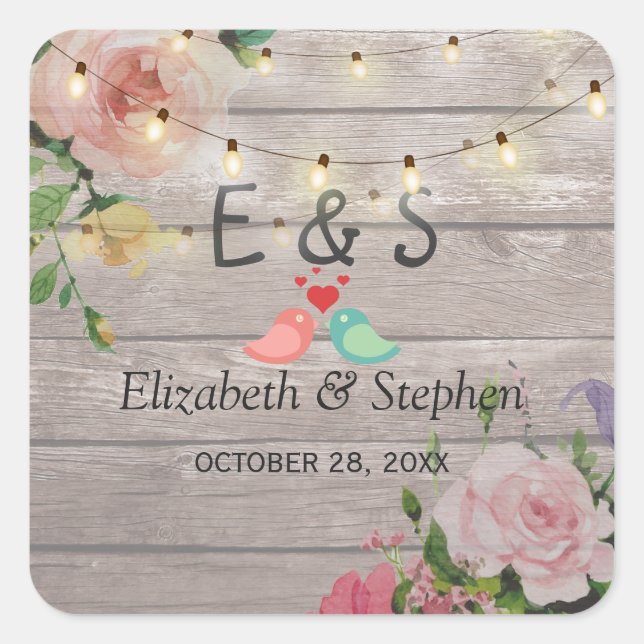 Rustic Wood Floral String Lights Wedding Favour Square Sticker (Front)