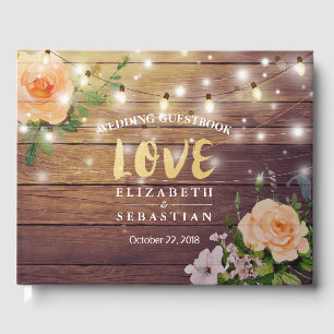 Rustic Wood Floral String Lights Wedding Guestbook