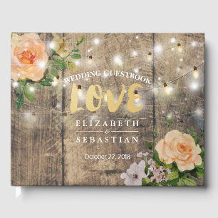 Rustic Wood Floral String Lights Wedding Guestbook
