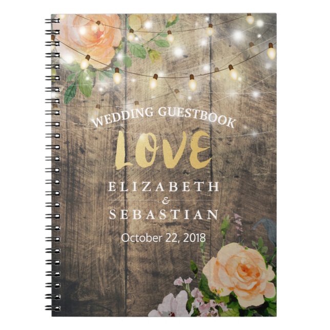 Rustic Wood Floral String Lights Wedding Guestbook Notebook (Front)