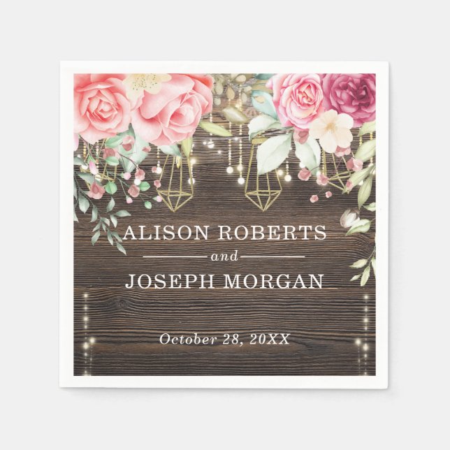 Rustic Wood Floral String lights Wedding Napkin (Front)