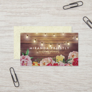 Rustic Wood Floral String Lights Wedding Planner Business Card