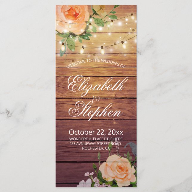 Rustic Wood Floral String Lights Wedding Program Programme (Front)
