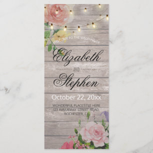 Rustic Wood Floral String Lights Wedding Program Programme