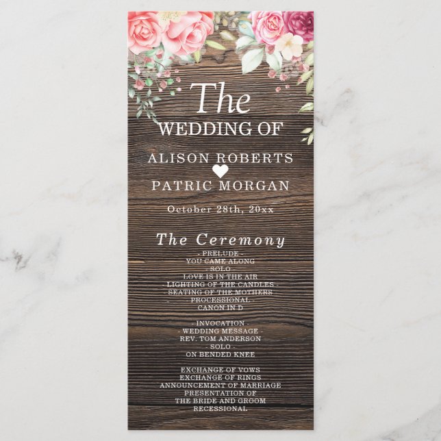 Rustic Wood Floral String lights Wedding Program Programme (Front)
