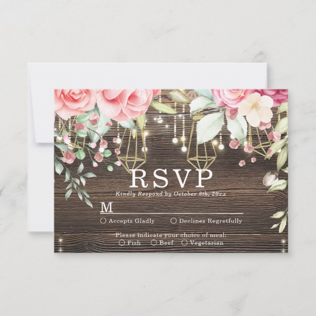 Rustic Wood Floral String lights Wedding rsvp (Front)