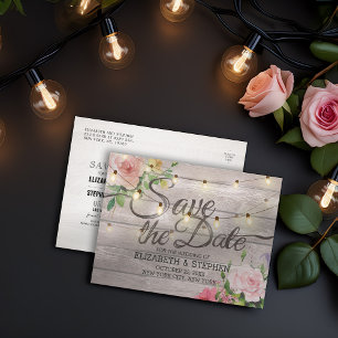 Rustic Wood Floral String Lights Wedding Save Date Announcement Postcard