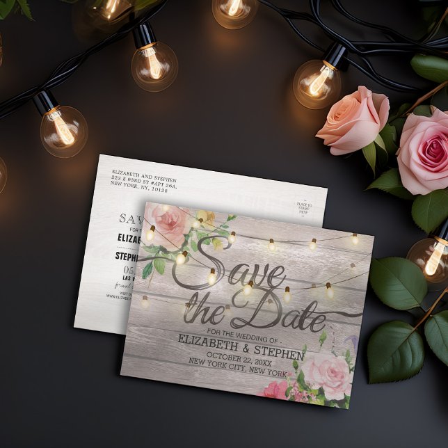 Rustic Wood Floral String Lights Wedding Save Date Announcement Postcard (Creator Uploaded)