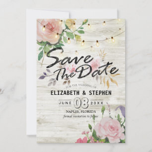 Rustic Wood Floral String Lights Wedding Save Date Save The Date