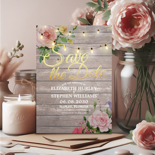 Rustic Wood Floral String Lights Wedding Save Date Save The Date (Creator Uploaded)