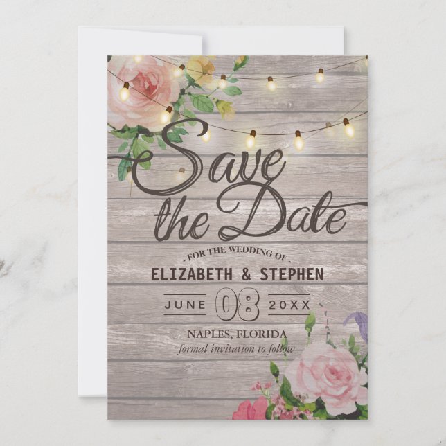 Rustic Wood Floral String Lights Wedding Save Date Save The Date (Front)