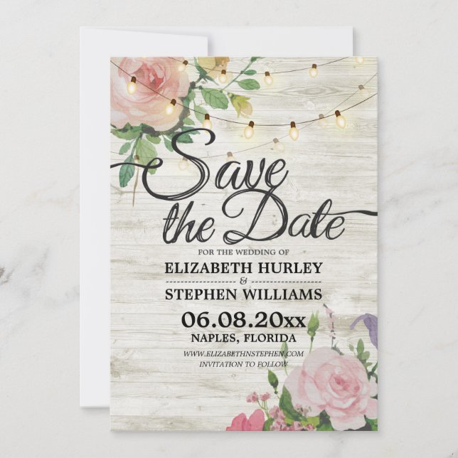 Rustic Wood Floral String Lights Wedding Save Date Save The Date (Front)
