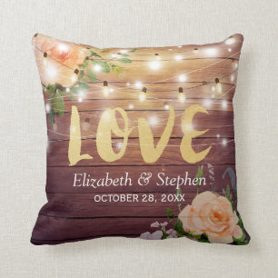 Rustic Wood Floral String Lights Wedding Shower Cushion