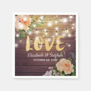 Rustic Wood Floral String Lights Wedding Shower Napkin
