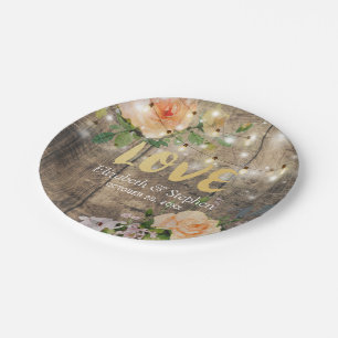 Rustic Wood Floral String Lights Wedding Shower Paper Plate
