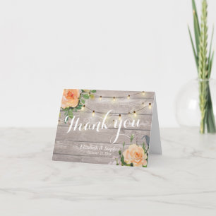 Rustic Wood Floral String Lights Wedding Thank You Card