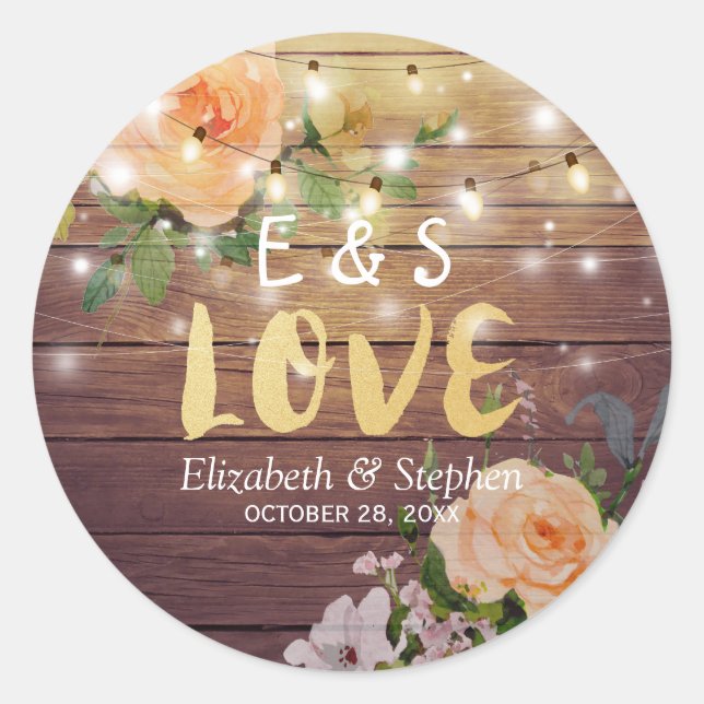 Rustic Wood Floral String Lights Wedding Thank You Classic Round Sticker (Front)