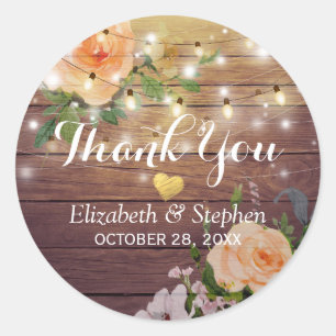 Rustic Wood Floral String Lights Wedding Thank You Classic Round Sticker