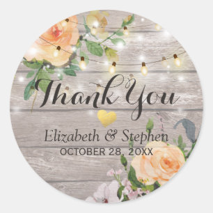 Rustic Wood Floral String Lights Wedding Thank You Classic Round Sticker