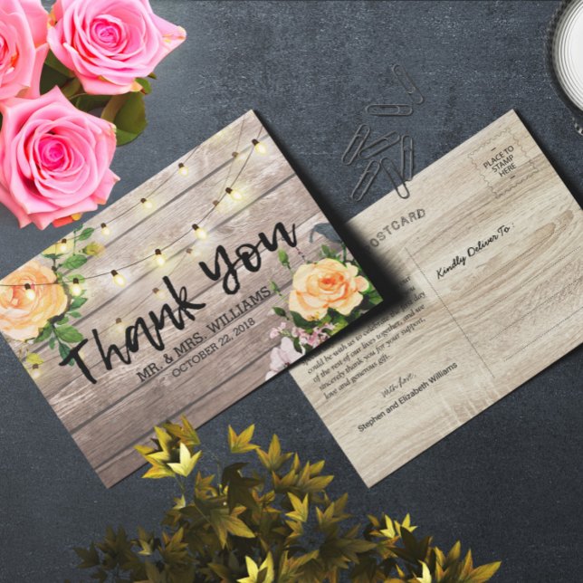 Rustic Wood Floral String Lights Wedding Thank You Postcard (Creator Uploaded)