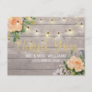 Rustic Wood Floral String Lights Wedding Thank You Postcard