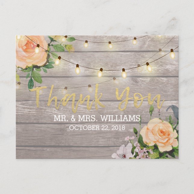 Rustic Wood Floral String Lights Wedding Thank You Postcard (Front)