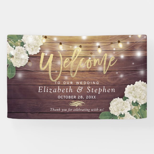 Rustic Wood Floral String Lights Wedding Welcome Banner (Horizontal)
