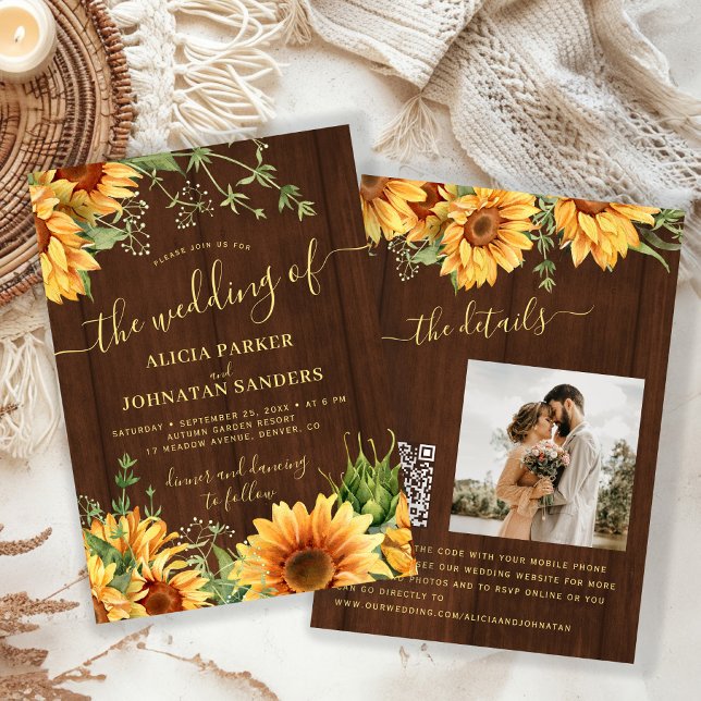 Rustic wood floral sunflower garden barn wedding invitation (Creator Uploaded)
