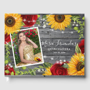 Rustic Wood Floral Sunflower Rose Quinceanera Guest Book