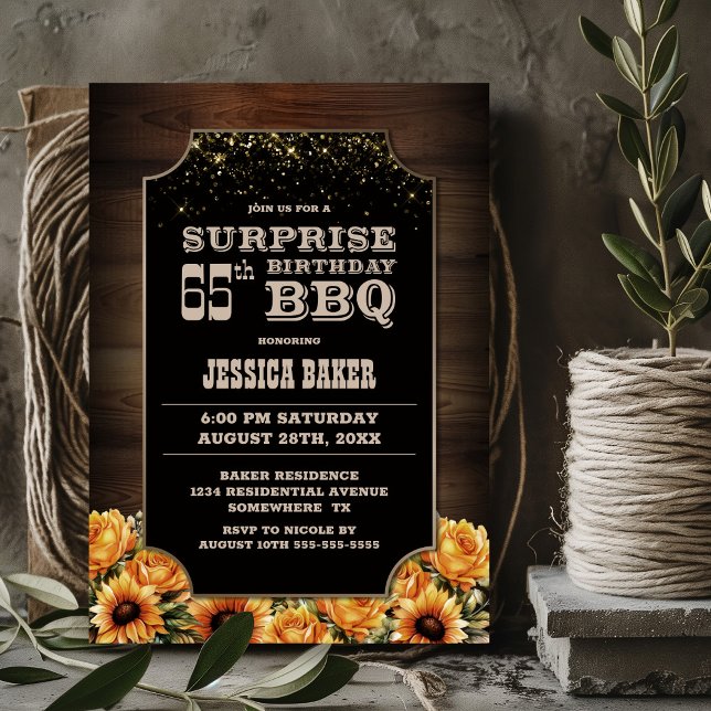 Rustic Wood Floral Surprise 65th Birthday BBQ Invitation (Creator Uploaded)
