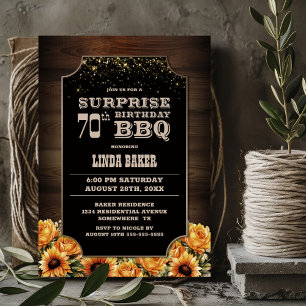 Rustic Wood Floral Surprise 70th Birthday BBQ Invitation