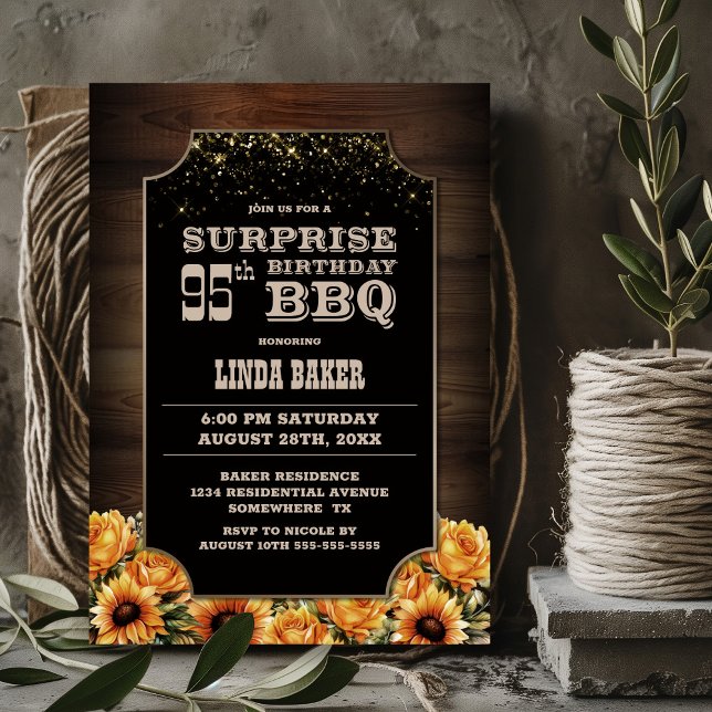 Rustic Wood Floral Surprise 95th Birthday BBQ Invitation (Creator Uploaded)