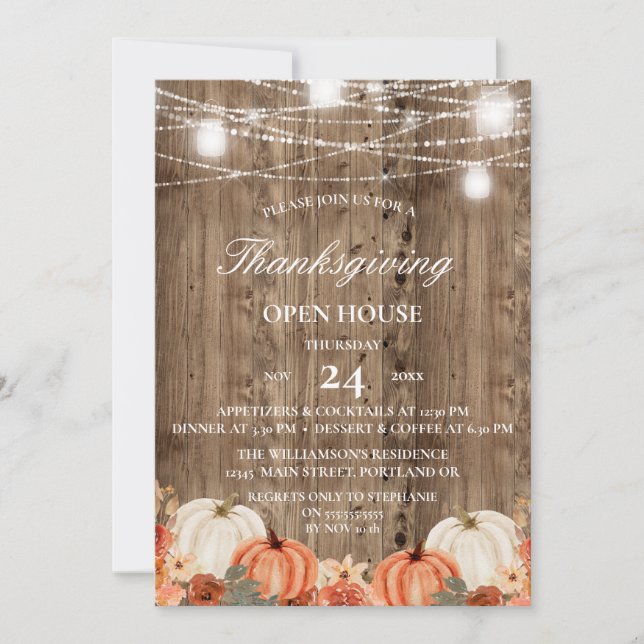 Rustic Wood & Floral Thanksgiving Open House  Invitation (Front)