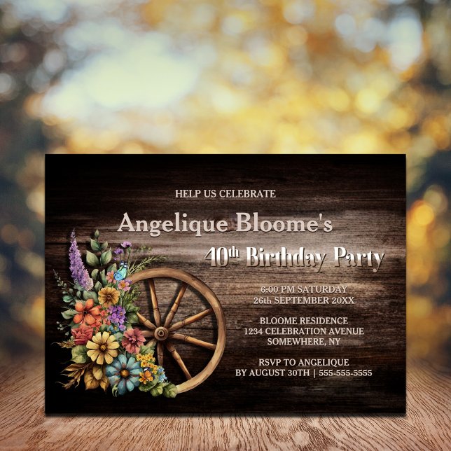 Rustic Wood Floral Wagon Wheel 40th Birthday Invitation (Creator Uploaded)