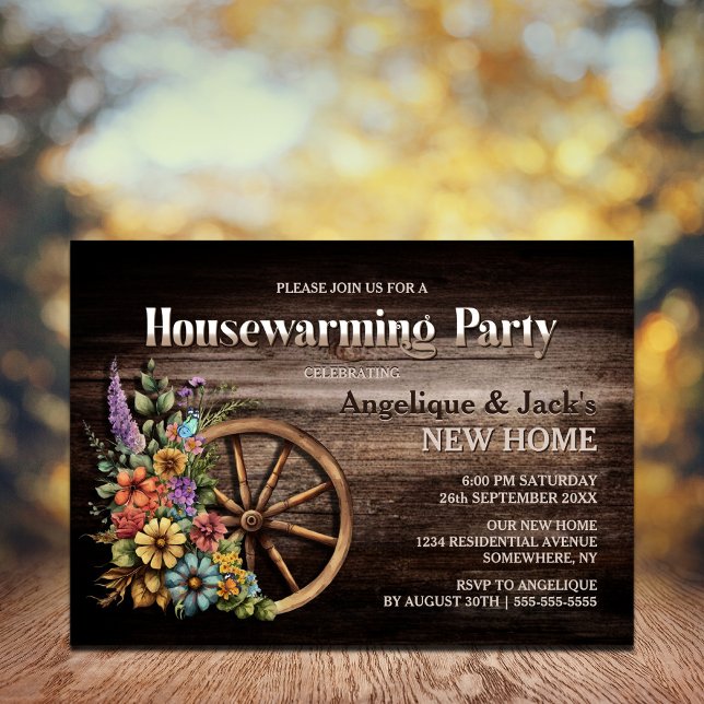 Rustic Wood Floral Wagon Wheel Housewarming Party Invitation (Creator Uploaded)