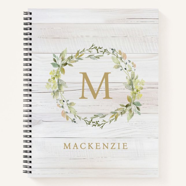 Rustic Wood Floral Watercolor Monogram Notebook (Front)