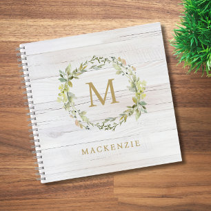 Rustic Wood Floral Watercolor Monogram Notebook