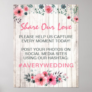 Rustic Wood Floral Wedding Hashtag Photos Sign