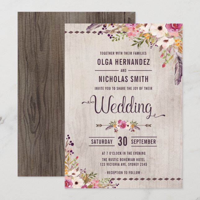 Rustic Wood Floral Wedding Invitation Boho Party (Front/Back)