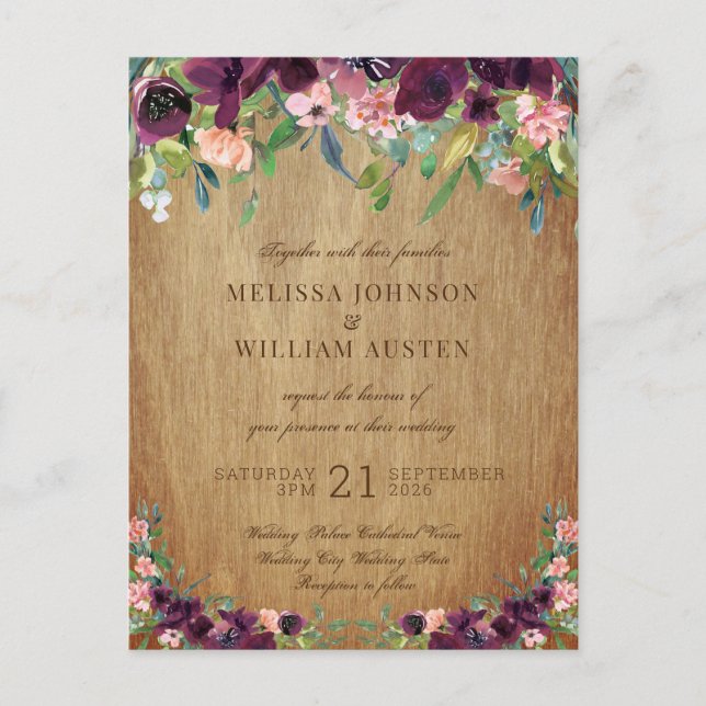 Rustic Wood Floral Wedding Invitation Postcard (Front)