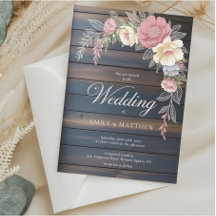 Rustic Wood Floral Wedding Invitation with QR Code