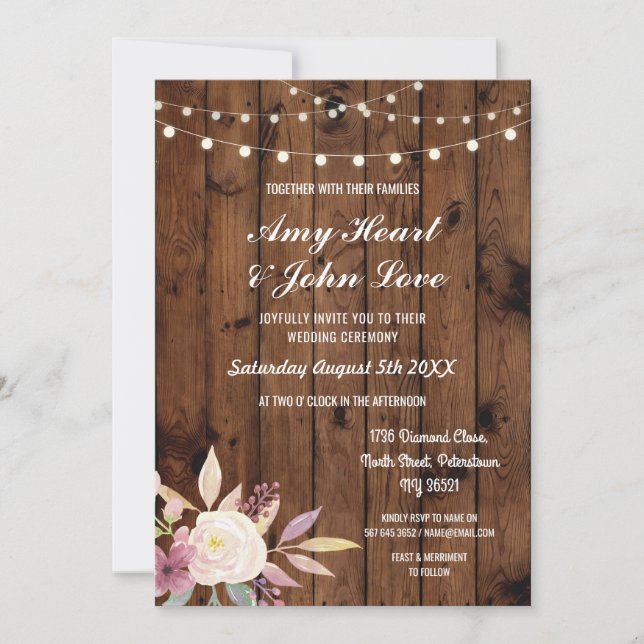 Rustic Wood Floral Wedding Invite Lights Flowers (Front)