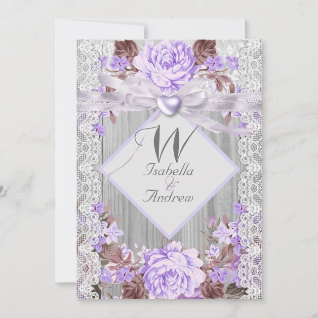 Rustic Wood Floral Wedding Lavender Lace 2 Invitation (Front)