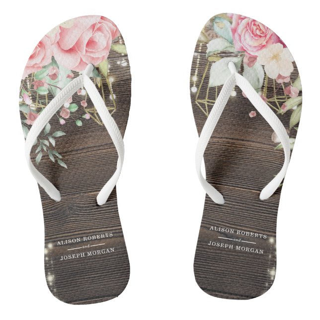Rustic Wood Floral Wedding Personalised Flip Flops (Footbed)