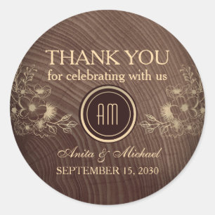 Rustic Wood Floral Wedding Thank You Classic Round Sticker