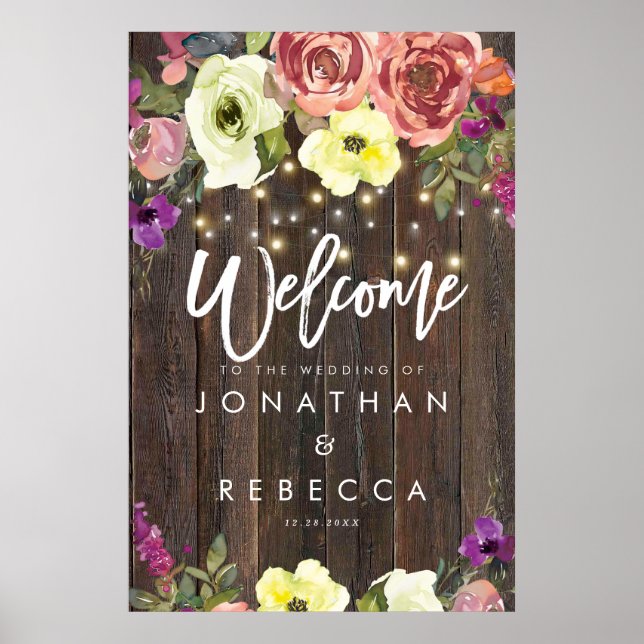 rustic wood floral wedding welcome sign poster (Front)