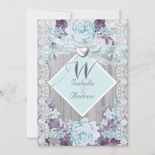 Rustic Wood Floral Wedding White Lace Teal Blue Invitation (Front)