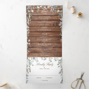 Rustic Wood Floral Wildflowers Photo Wedding Tri-Fold Invitation