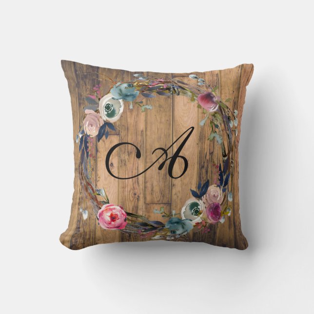 Rustic Wood Floral Wreath Farmhouse Chic Cushion (Front)