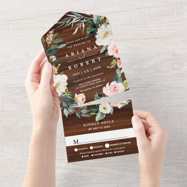 Rustic Wood Floral Wreath Wedding All In One Invitation (Tearaway)